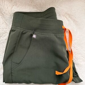 Figs Dark Green Scrub Pants with Orange Drawstring